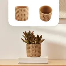 Vaso 45x13 Bege Cachepot Decorativo Boho Efeito Rattan em Cimento para Plantas e Suculentas