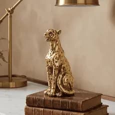Escultura Leopardo Felino Dourado Sentado Decorativo