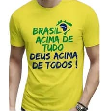 Camisa Brasil Acima De Tudo Militar Masculina Bolsonaro País Pátria Verde e Amarelo Patriota
