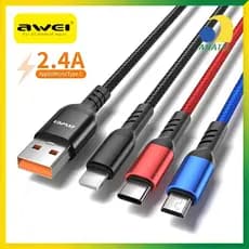 Cabo 3 em 1 Awei CL-971 USB para Lightning Tipo C Micro V8 Carregamento Turbo iPhone Android