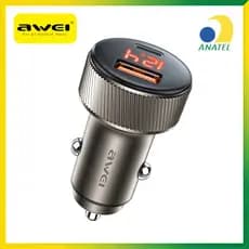 Carregador Veicular Turbo 60W Rápido Awei C-859 Duplo Tipo C USB PD QC Celular Carro