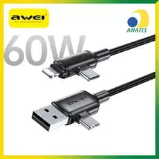 Cabo de iPhone 60W Turbo Awei 4 em 1 Original CL-181 Tipo C Lightning para iPhone 13 17 e Android