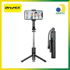 Tripé e Bastão de Selfie Awei X49 Bluetooth com Controle Remoto 2 em 1
