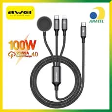 Cabo 3 em 1 Awei W23 100W Turbo Universal para iPhone 17 e Apple Watch Seguro