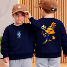 Moletom Infantil Brasil Copa do Mundo 2026 Menino preto/branco/azul 2 ao 12 mascote copa