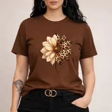 Camiseta Feminina Marrom Camisa Estampa Flor Animal Onça Blusa Casual Unissex Gola Redonda