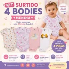 kit 4 Bodys Bebê Estampados Menina Manga Curta  total Conforto e Maciez