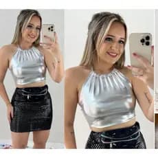 Cropped Metalizado Com  Bojo Y Amarração Na Pescoço  Tamanho  Única