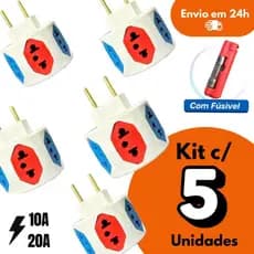 Adaptador de Tomada 6 Entradas 10A/20A Pino Maciço Resistente Com Fusível Tomadas Coloridas  Esfera