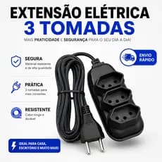 Extensão Elétrica 2, 3, 5, 10 (METROS) Bivolt - Tomadas Tripolares Preta