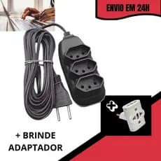 Extensão Elétrica 2/3/5/10 Metros + Adaptador de Tomada Bivolt 110/220 10A Tripolares Preta Resistente