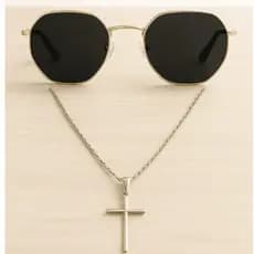Kit Óculos Com Corrente em Aço Inoxidável Com Pingente Crucifixo Dourado Ou Prata Hexagonal Unissex