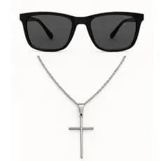 Kit Óculos quadrado+Corrente em Aço Inoxidável Com Pingente Crucifixo Dourado Ou Prata