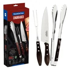 Kit Churrasco Tramontina 3 Peças Inox Cabo Polywood Castanho
