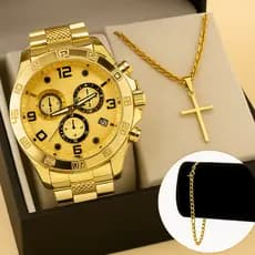 Kit relógio + corrente Pingente cruz e pulseira masculino Aço inox Prateado ou Dourado