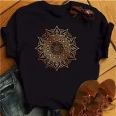 Camiseta Feminina Casual Plus Size De Algodão, Camiseta Com Mandala Conectando O Caminho Espiritual