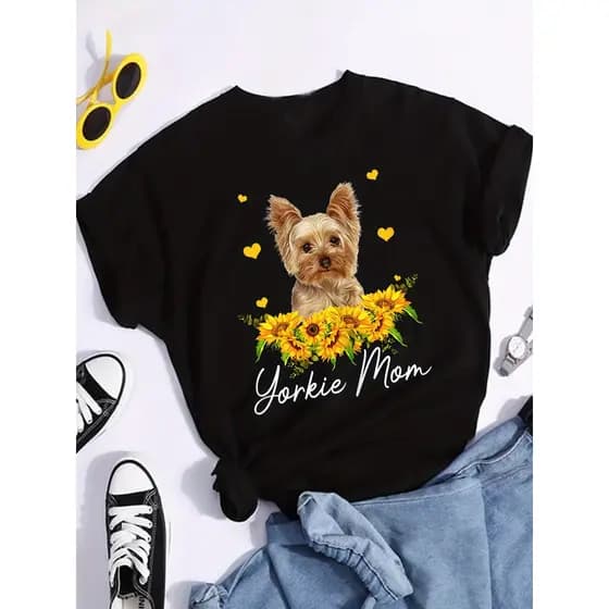 Camiseta Feminina Casual E Estilosa Em Puro Algodão Com Estampa De Uma Mãe Yorkshire Terrier E Girassóis