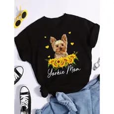 Camiseta Feminina Casual E Estilosa Em Puro Algodão Com Estampa De Uma Mãe Yorkshire Terrier E Girassóis
