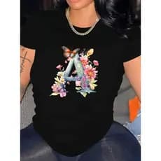 Camiseta Plus Size De Algodão Femininas, Estilo Casual, Com Estampa Da Letra "A" Floral E Borboleta