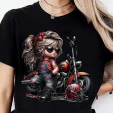 Camiseta Feminina de Gola Redonda Estampada com Motocicleta, Moda T-shirt Feminina com Estampa de Motocicleta