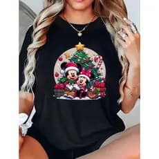 Camiseta Feminina Casual Plus Size Em Algodão Puro Com Estampa Natalina Do Mickey E Da Minnie Da Disney.