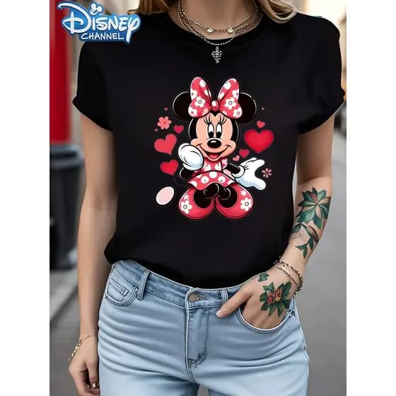 Camiseta De Algodão Femininas, Estilo Casual E Fashion, Com Estampa Minnie Mouse Da Disney, Com Laços Florais E Corações