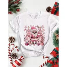 Camiseta Feminina Casual De Algodão Puro, Com Modelagem Solta E Estampa Moderna De Papai Noel Rosa