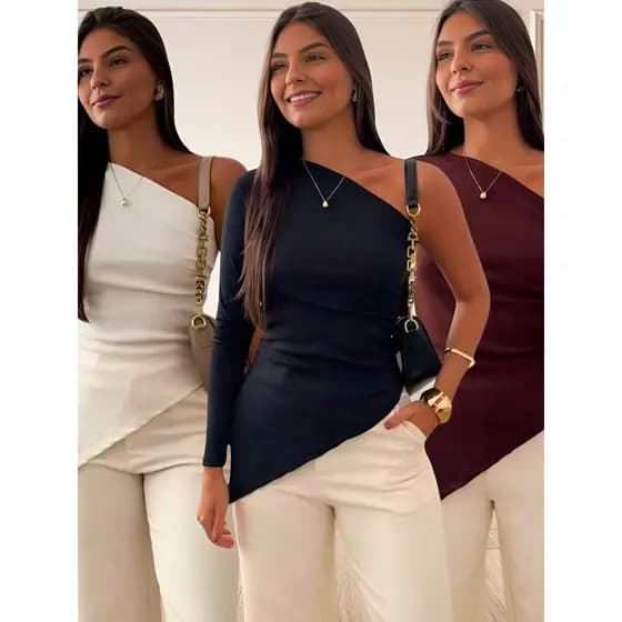 Blusinha Manga Longa Assimétrica Um Ombro Mula Manca Basica Blusa Ribana Elegante Caimento perfeito