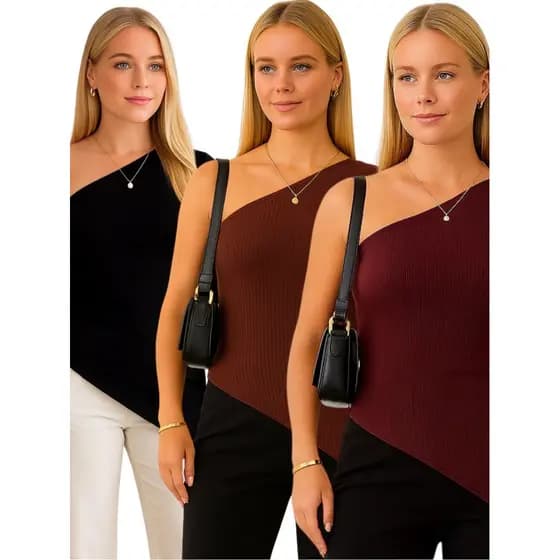 KIT 3 Blusinha Feminina Assimetrica Canelada Um Ombro Só com Manga Longa ribana Basica Mula Manca