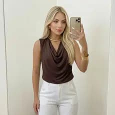 Blusa Feminina Gola Boba Suplex Casual Versatil Social Drapeada Forrada Elegante Moda Tendencia