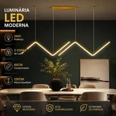 Lustre Pendente LED Moderno Zig Zag Dourado 25W 3 Cores De Luz Ajustável Para Sala Jantar Cozinha Bivolt