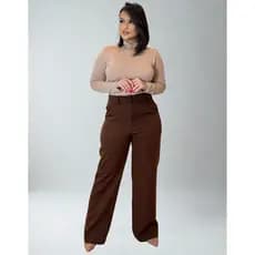 Calça Feminina Pantalona Alfaiataria Trabalho Social Wide Leg Confortável Versátil Cor Marrom Escuro