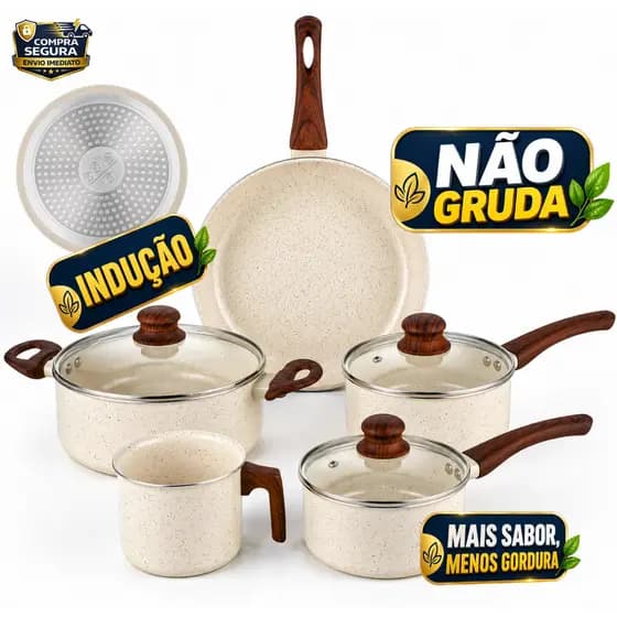 Jogo de Panelas 5 Peças Cerâmica Indução Antiaderente Não Gruda Presente Completo
