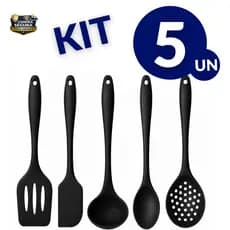 Kit Utensílios Silicone 5 Peças Antiaderente Alta Qualidade Restaurante Cozinha Preta Vermelha