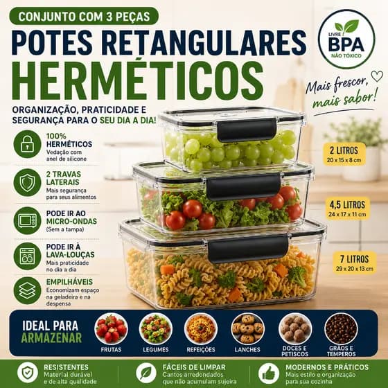 Kit 3 Potes Herméticos Retangulares Plástico Trava Tampa Vedação Mantimentos Cozinha 2L 4,5L 7L