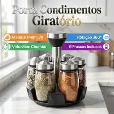 Porta Tempero De Mesa Saleiro Giratório 6 Potes P/ Condimentos Em Vidro E Aço Inox Cozinha Premium