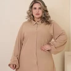Chemise Vestido Plus Size All Curve Viscolinho Com Botão Camisão Manga Longa Feminina Saida de Praia Casual