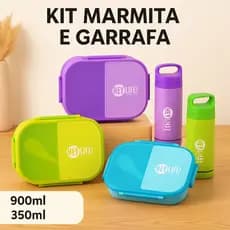 Kit Marmita com Lancheira + Garrafa 350ml + Talheres 🍱 Prática e Portátil (Tampa Não Pode Ser Aquecida)