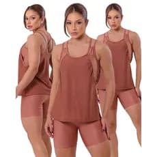 CONJUNTO FITNESS TRIO Short e Blusa com Top Feminino para Treinar Academia Bermuda
