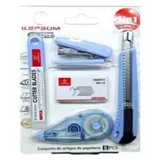 Kit de Escritório 5 Peças Grampeador Fita Corretiva Grampos Estilete Escolar