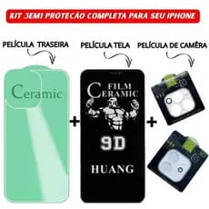 Kit 3 em 1 Película Traseira + Câmera Transparente + Película Tela Cerâmica Privacidade iPhone 11 12 13 14 15 16 Pro Max