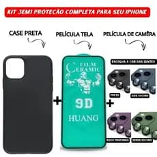 Kit 3 em 1 Case Preta + Película Cerâmica + Película Câmera Colorida Compatível iPhone 11 12 13 14 15 16 Pro Max