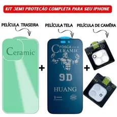 Kit 3em1 Película Traseira + Película Câmera Transparente + Película Cerâmica Fosca Anti Espião Para iPhone 11 12 13 14