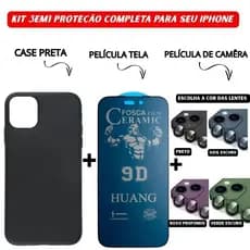 Kit 3 em 1 Case Preta + Película Cerâmica Fosca Privacidade + Película Câmera Colorida iPhone 11 13 14 15 16 Pro Max