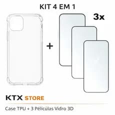 Capa TPU + 3 Vidros 3D Temperado Kit 4em1 iPhone X XS 11 12 13 14 15 16 17 Pro Max - KTX