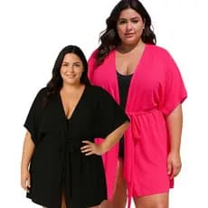 kit 2 Saida de Praia Plus Size Curta Kimono Moda Feminina Estilo Vestido