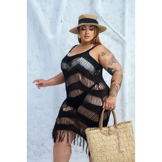 Saida de praia plus size vestido franja plus size verão plus size vestido franja