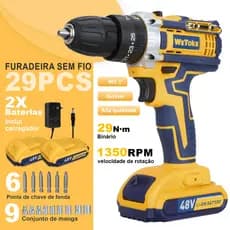 Furadeira Parafusadeira Impacto 48v Sem Fio 2 Baterias 1300mah 1400rpm 35nm Led Carregador Rápido E Kit Completo