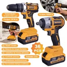 Furadeira Parafusadeira Impacto 21V Brushless + Chave Impacto Bateria Kit 2 Baterias