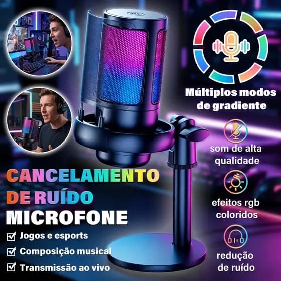 Microfone USB RGB Gamer Condensador Cardioide ENC Streaming Podcast PC Celular Plug Play